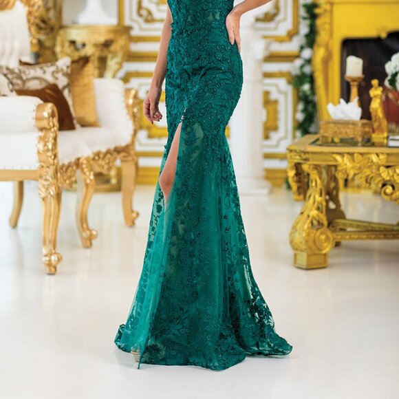 New Hunter Green Floral Lace Embellished Sheath Festive Gown w/ Leg Slit DQ 4501 - Picture 5 of 8